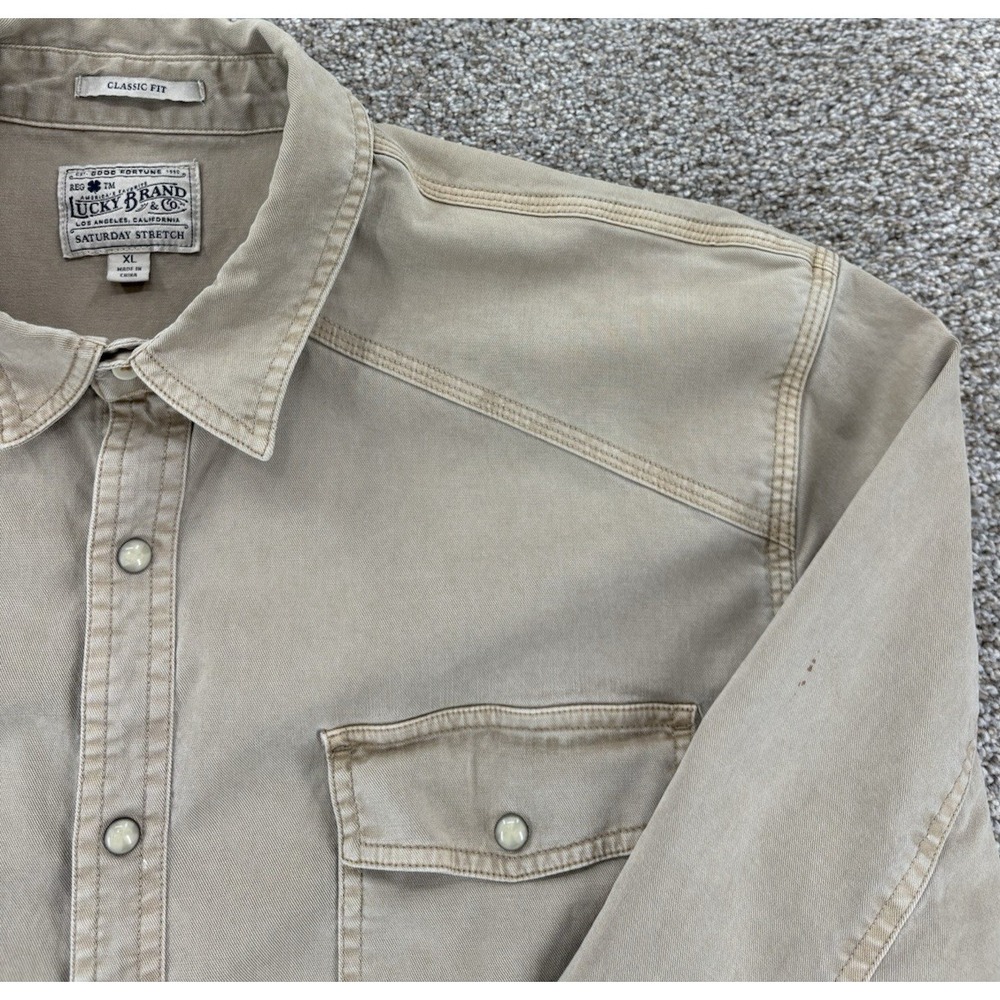 Lucky Brand Pearl Snap Shirt Men's XL Beige Saturday Stretch Western Americana - Picture 6 of 12